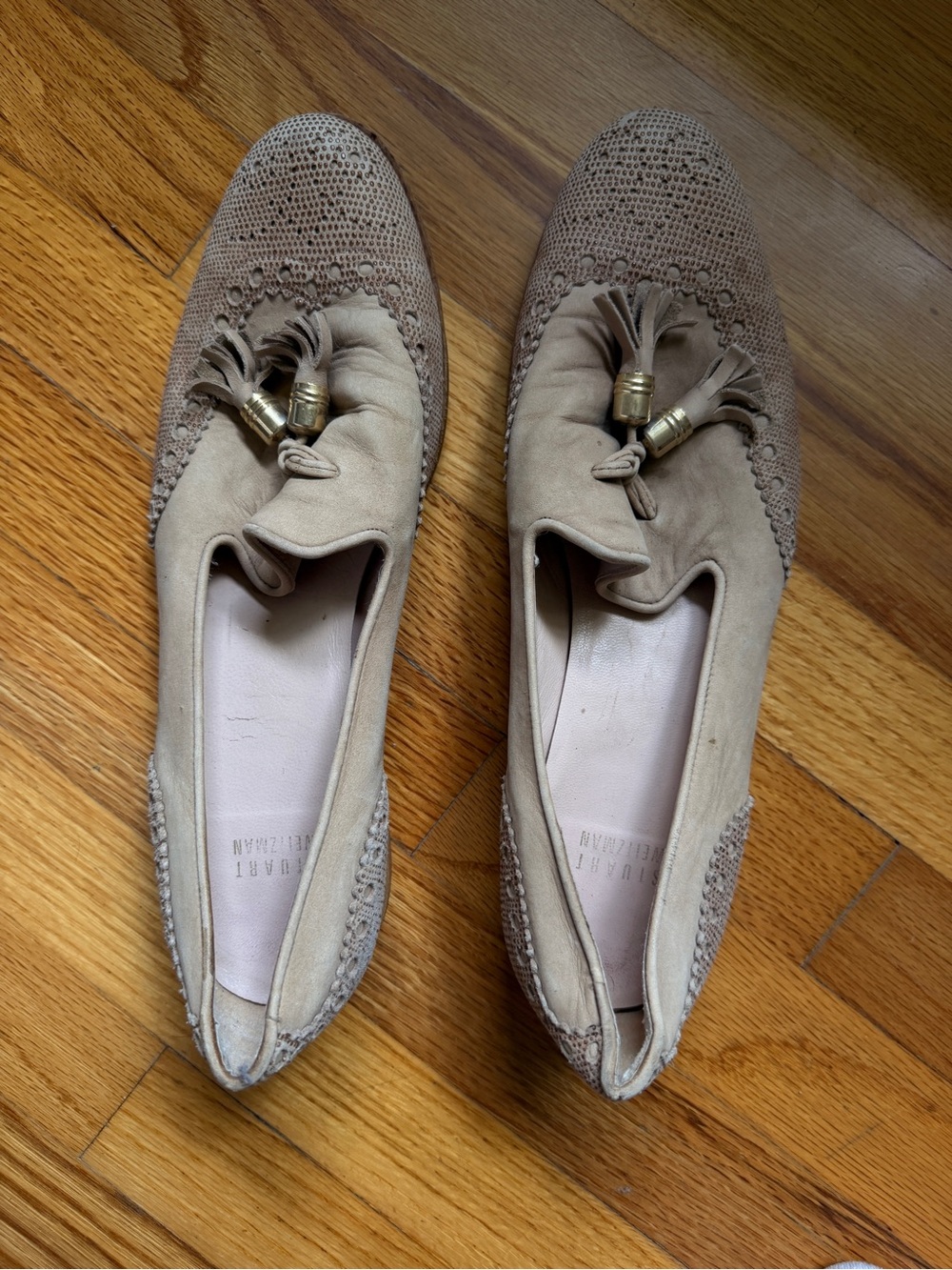 Stuart Weitzman Taupe Suede Tassel Loafers